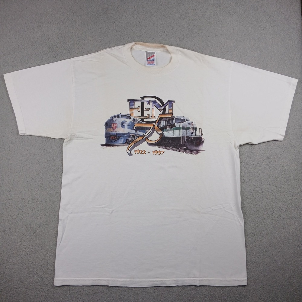 Jerzees EMD 75th Anniversary T-Shirt Mens L White Vintage Train Locomotive 1997